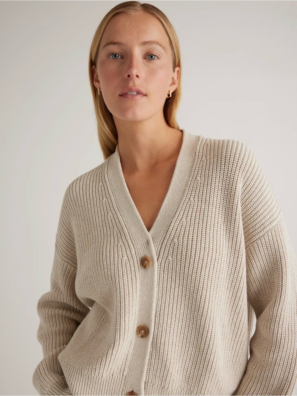 Quince 100% Organic Cotton Fisherman Boxy Cropped Cardigan in Speckled Beige